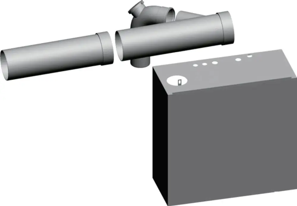Erweiterungsbausatz von Wolf mit Rohren und einem Gehäuse. Die Rohre sind verbunden und verlaufen horizontal, während das Gehäuse rechteckig und unauffällig ist.